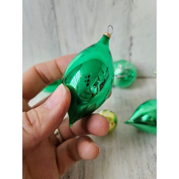Vintage green ball teardrop Kurt Adler glitter silver set ornament tree Xmas - Picture 2 of 8